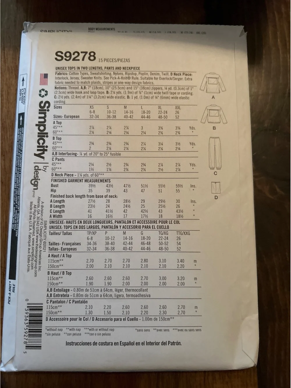 Simplicity S9278 Unisex Tops, Pants, and Neckpiece Sewing Pattern